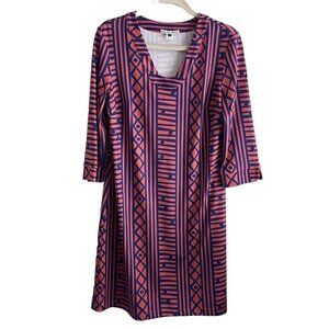 Rulon Reed Women M Red Blue Stripe Geometric Print 3/4 Sleeves Julia Shift Dress
